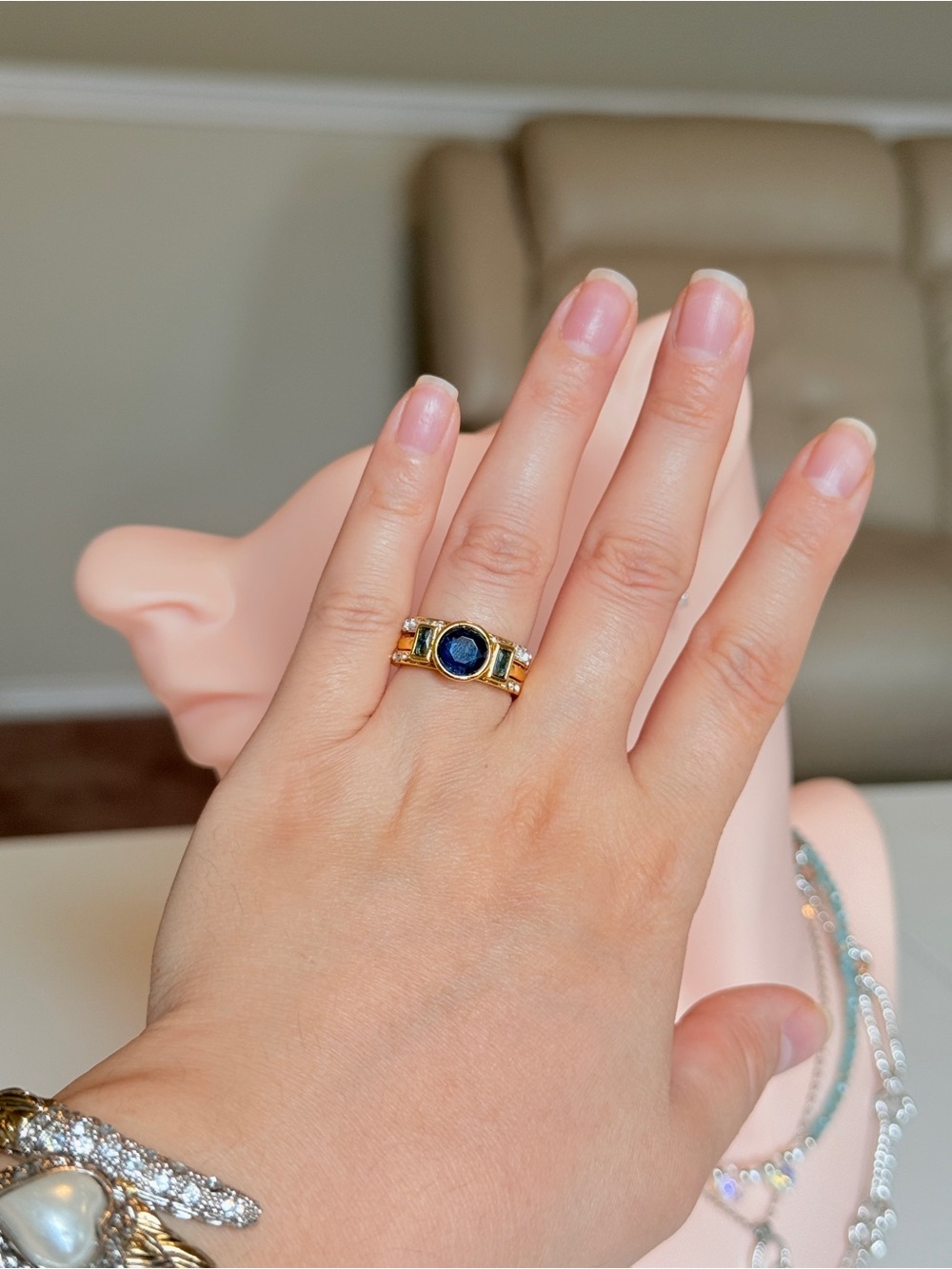 Gold-Tone Ring with Blue Center Stone